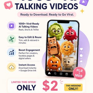 May include: Promotional graphic for 1000+ AI talking videos, with text "Weekend Special!" and "Limited Time Offer! Only $2". Includes a smartphone with animated food characters. Offers PDF guide, Google Drive access, and PLR + MRR license.