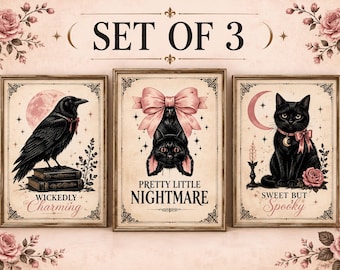 May include: A set of three framed wall art prints featuring a black raven on books with the text WICKEDLY Charming, a black cat with a pink bow and the text PRETTY LITTLE NIGHTMARE, and a black cat with a crescent moon and the text SWEET BUT Spooky.