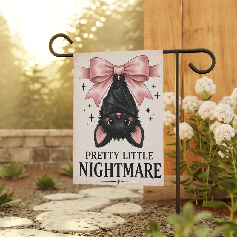 Pretty Little Nightmare Halloween Garden Flag, Cute Bat Yard Banner, Pink Bow Halloween Decor, Spooky Garden Flag, halloween garden flag image 6