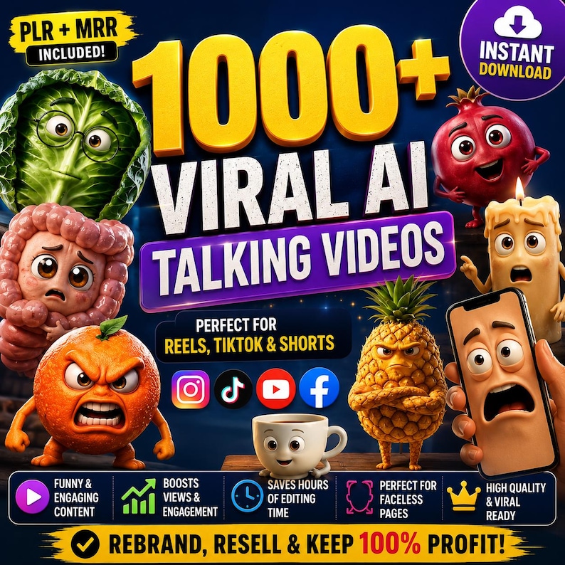 May include: A promotional graphic with the text "1000+ Viral AI Talking Videos." The image features animated food characters, social media icons, and text promoting content creation for Reels, TikTok, and Shorts. Includes the text "Rebrand, Resell & Keep 100% Profit!"