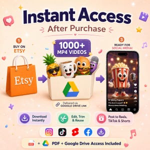 May include: An orange Etsy shopping bag with the Etsy logo, a box with animated food characters, and a smartphone displaying a popcorn character. Text includes "Instant Access After Purchase" and "1000+ MP4 Videos."