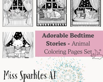Adorable Bedtime Stories - Animal Coloring Pages Set| Kawaii Cozy Coloring |15 Pages Printable Coloring Hand-Drawn,Fun Pages|  ipad coloring