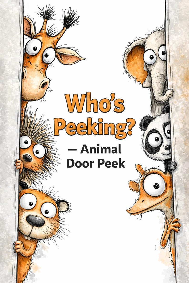 May include: A whimsical illustration features a giraffe, elephant, panda, lion, beaver, and a duck-like creature peeking from behind a wall. The text "Who's Peeking? - Animal Door Peek" is in orange. The artwork has a cartoonish style.