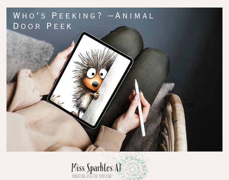 May include: A digital tablet displays an illustration of a cartoon hedgehog peeking around a corner. The text at the top reads "WHO'S PEEKING? - ANIMAL DOOR PEEK." A white stylus rests in a hand. The image is set against a neutral background.