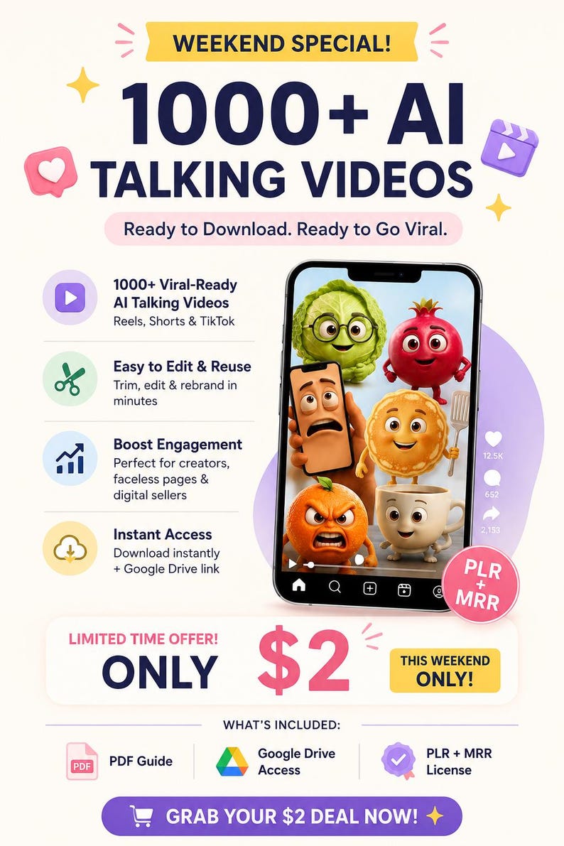 May include: Promotional graphic for 1000+ AI talking videos, ready to download. The image includes a smartphone displaying animated food characters. Text highlights features like instant access and a limited-time offer.
