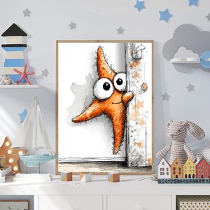 May include: A framed cartoon illustration of an orange starfish with large eyes peeking out from behind a door. The artwork has a whimsical style, perfect for a child's room. The background is a light color.