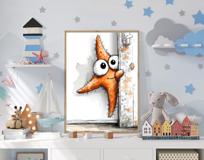 May include: A framed cartoon illustration of an orange starfish with large eyes peeking out from behind a door. The artwork has a whimsical style, perfect for a child's room. The background is a light color.
