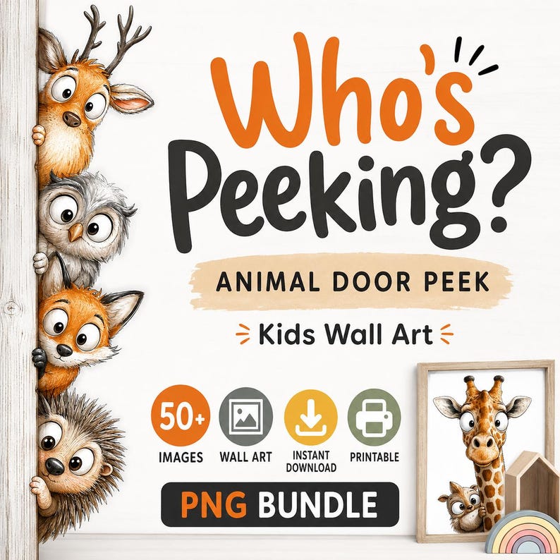 May include: A digital art print featuring the text "Who's Peeking?" with a collection of cartoon animals. The image includes a deer, owl, fox, and hedgehog peeking from behind a wooden surface. Additional text includes "Animal Door Peek" and "Kids Wall Art."