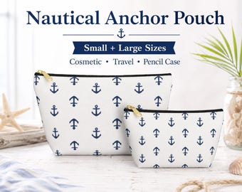 Neceser con base en forma de T, neceser con ancla náutica, neceser de viaje, estuche con cremallera, neceser de maquillaje estilo costero, organizador de estilo playero.