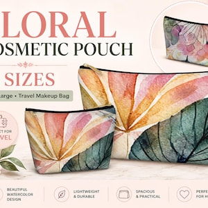 May include: Two cosmetic pouches featuring a watercolour floral pattern in shades of pink, orange, and dark green. The pouches have a gold-tone zip closure and a tapered shape. Text on the image includes FLORAL COSMETIC POUCH and 2 SIZES.