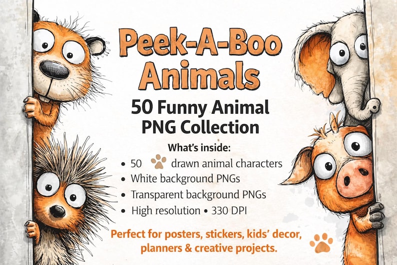 May include: A digital collection titled "Peek-A-Boo Animals" featuring 50 funny animal PNGs. The image shows cartoon animals peeking from behind a white border. Includes drawn animal characters, white and transparent backgrounds, and high resolution.