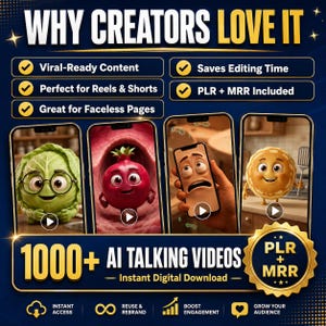 May include: A promotional graphic with the text "WHY CREATORS LOVE IT" and "1000+ AI TALKING VIDEOS". The image features four smartphones displaying animated characters. Additional text includes "Viral-Ready Content" and "Instant Digital Download".