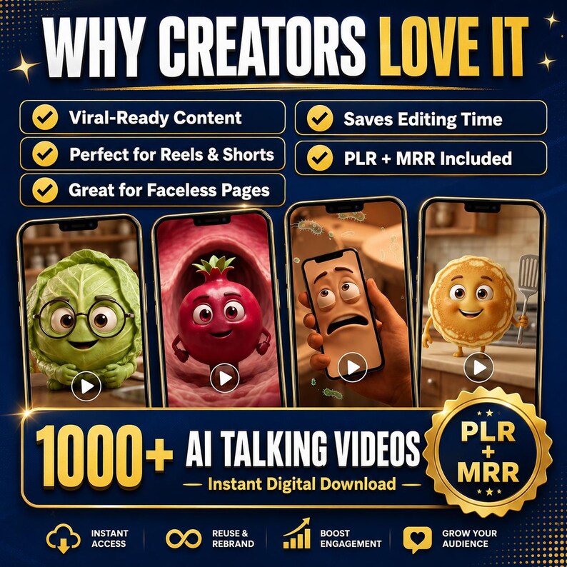 May include: A promotional graphic with the text "WHY CREATORS LOVE IT" and "1000+ AI TALKING VIDEOS". The image features four smartphones displaying animated characters. Additional text includes "Viral-Ready Content" and "Instant Digital Download".
