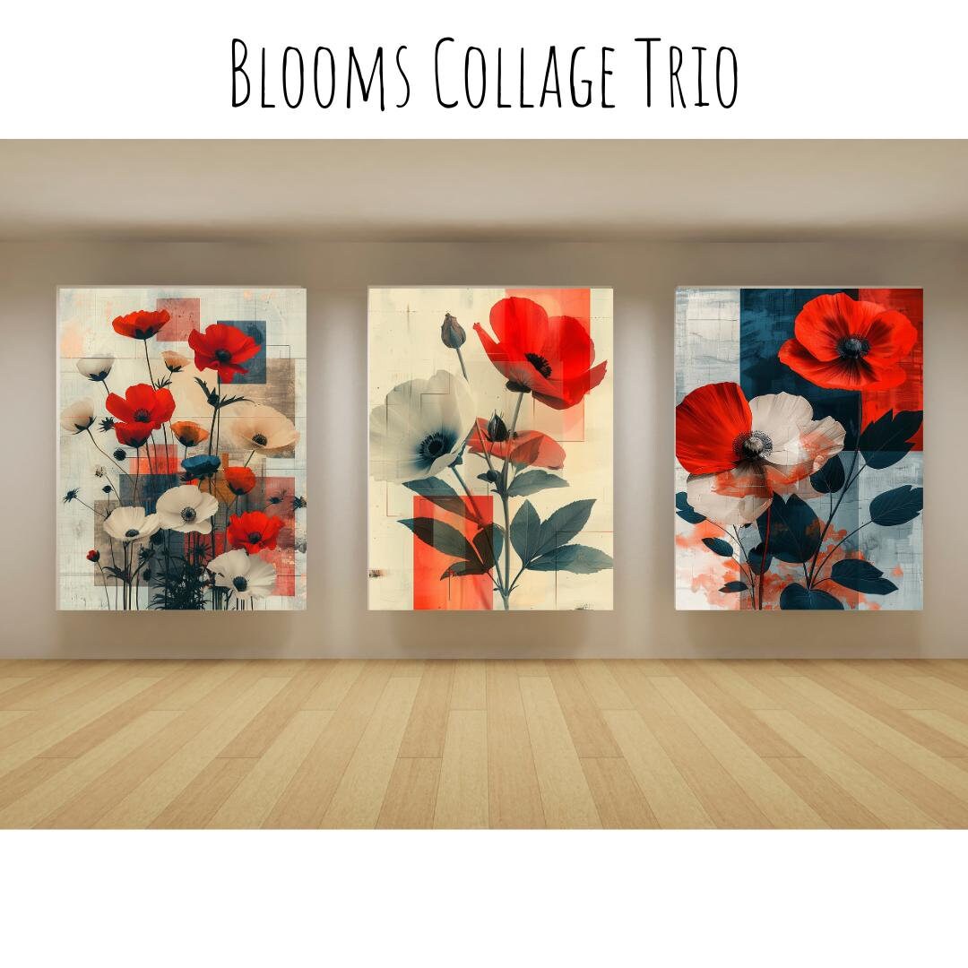 Modern Blooms Collage Trio | 3 Wall Art Set| Digital Art Print| Digital ...