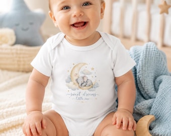 Babyrompertje met schattige dromen – Olifant en Maan, ontwerp aan voor- en achterkant, kraamcadeau, rompertje van fijne jersey, outfit voor pasgeboren jongens