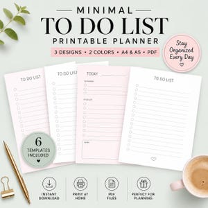 May include: A printable planner set titled MINIMAL TO DO LIST PRINTABLE PLANNER with 3 designs, 2 colours, and A4 and A5 PDF formats. The set includes 6 templates with lined sections for tasks, top priorities, and notes, featuring a heart icon.