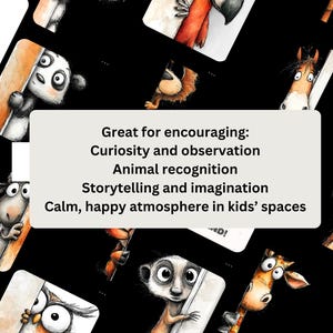 May include: A collection of illustrated animal characters, including a panda, sheep, and giraffe, on a black background. The image includes text that reads "Great for encouraging: Curiosity and observation, Animal recognition, Storytelling and imagination, Calm, happy atmosphere in kids' spaces."