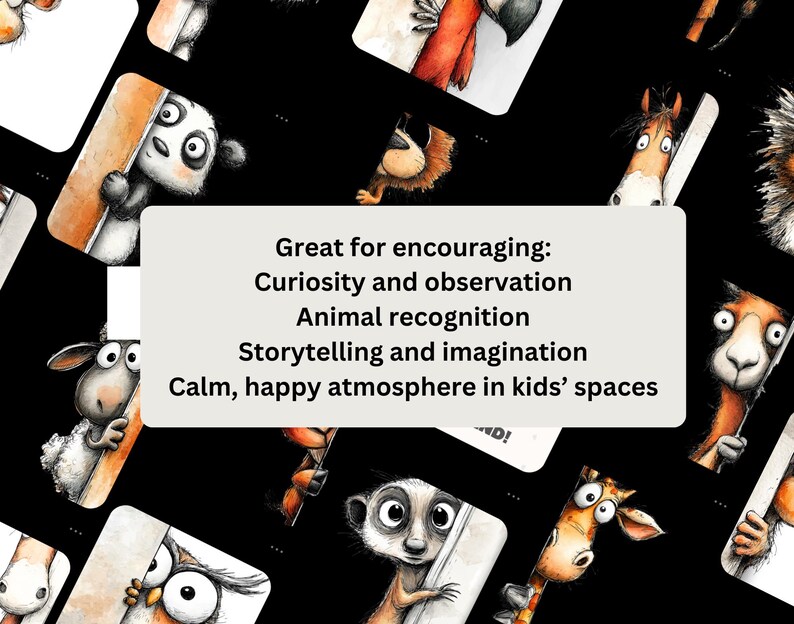 May include: A collection of illustrated animal characters, including a panda, sheep, and giraffe, on a black background. The image includes text that reads "Great for encouraging: Curiosity and observation, Animal recognition, Storytelling and imagination, Calm, happy atmosphere in kids' spaces."