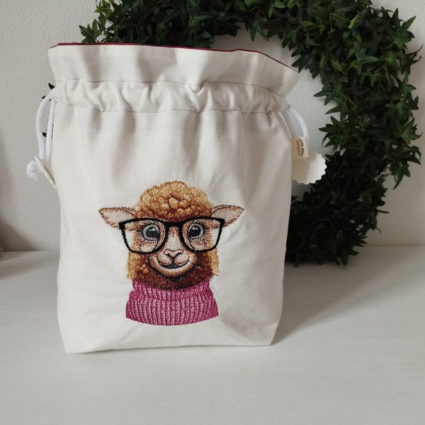 sac pochon taille moyenne personnalisable avec prénom brodé, pour projet tricot ou crochet , poches intérieures