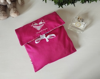 Pochette de voyage pour lingerie et sous-vêtements, prénom brodé personnalisable, tissu et 3 poches zippées