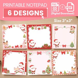 Può includere: Sei fogli quadrati stampabili per blocco note di 7,62 cm per 7,62 cm, con illustrazioni a tema natalizio di Babbo Natale, renne, omini di pan di zenzero, alberi di Natale, pacchetti regalo e bastoncini di zucchero su sfondi chiari.