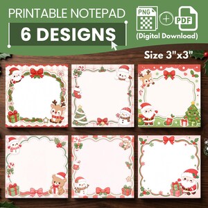 Puede incluir: Un conjunto de seis diseños de bloc de notas imprimibles que miden 7,62 cm por 7,62 cm, con ilustraciones navideñas que incluyen a Santa Claus, renos, muñecos de nieve, ositos, árboles de Navidad, cajas de regalo y bastones de caramelo.