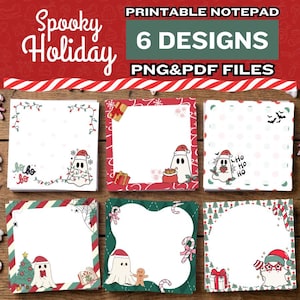 May include: A set of six printable notepad designs featuring a Spooky Holiday theme. Each square notepad page displays a white ghost character wearing a Santa hat, surrounded by festive holiday elements like candy canes, gifts, and lights.