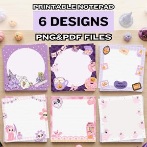 May include: A set of six printable notepad designs in PNG and PDF formats. The square sheets feature various Halloween-themed illustrations including ghosts, pumpkins, skulls, and bats in shades of purple, pink, and white with lined borders.