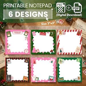 Puede incluir: Un conjunto de seis blocs de notas cuadrados imprimibles, cada uno de 7,62 cm por 7,62 cm. Los diseños presentan bordes navideños festivos con varios sellos temáticos de fiestas, incluyendo a Santa, hombres de jengibre y bastones de caramelo.