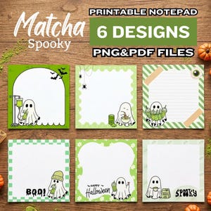 Puede incluir: Seis diseños de bloc de notas imprimibles con temática Matcha Spooky, ilustraciones de fantasmas, detalles en verde y varios bordes. Los archivos digitales incluyen formatos PNG y PDF con gráficos de fantasmas, bebidas matcha, arañas y texto.