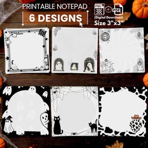 Può includere: Un set di sei design quadrati per blocchi note stampabili di 7,62 cm per 7,62 cm, con illustrazioni di Halloween in bianco e nero tra cui fantasmi, gatti, ragni, ragnatele e una palla da discoteca, con il testo PRINTABLE NOTEPAD 6 DESIGNS.