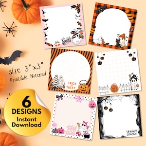 May include: Six square printable notepads measuring 3 inches by 3 inches, featuring various Halloween-themed illustrations including ghosts, pumpkins, bats, and candy, with text elements reading Spooky, Trick or Treat, and Spooky Season.