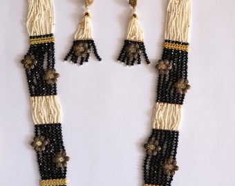 Black & Cream Rani Haar Halskette Set: Kristallperlen Indischer Schmuck