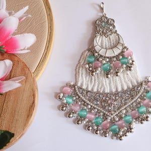 2 Layer Moon Design Pastel Pink & White Polki Stone Passa/Jhoomer, Bridal Passa, Hijab Headpiece, Antique Hair Jewelry, Pakistani Jhoomer.