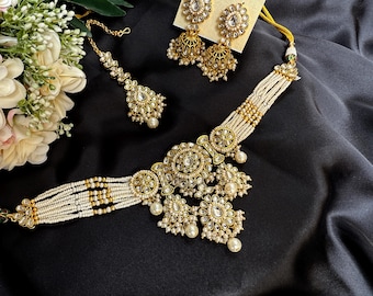 Kundan Pearl Choker Necklace Set: Bollywood Bridal Jewelry