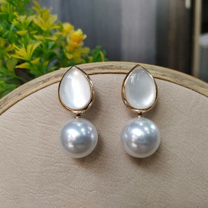 Elegant Pearl Earring, White Polished Gemstone Suspended Dangle Earring, Gift For Her