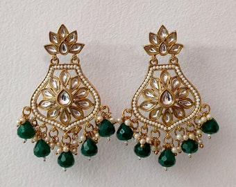 Bottle Green Crystal Kundan Earrings: Indian Pearl Jewelry