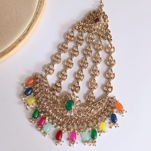 Traditional Indian Polki Stone Multi Color Passa/Jhoomer, Bridal Passa, Hijab Headpiece, Antique Indian Hair Jewelry, Pakistani Jhoomer.