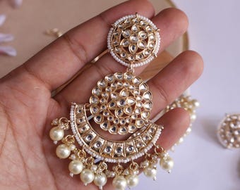 Kundan Earrings with Pearl Maang Tikka: Indian Bollywood Style