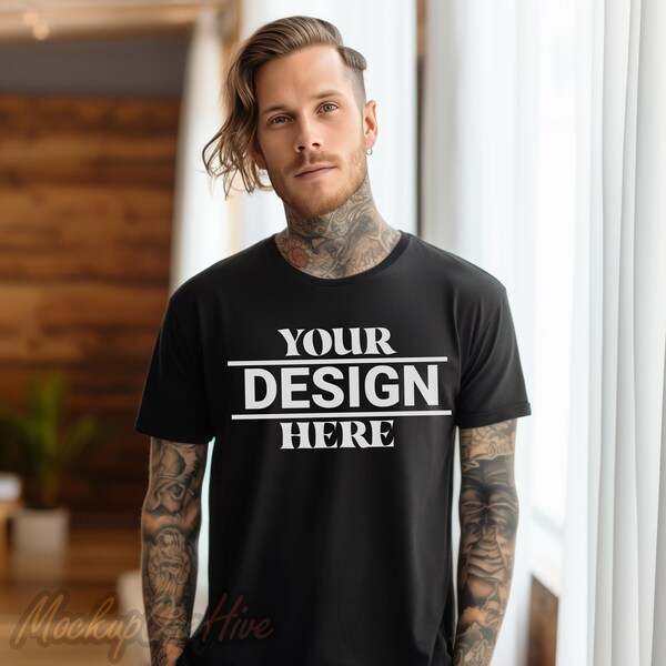 Bella Canvas 3001 Tshirt Mockup Black, Male Model with Tattoos T-Shirt Mockup, Trendy Men T-shirt Mockup, Tattooed Model, Apparel Mock