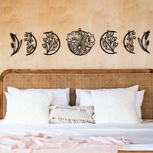 Metalen bloemen maanfase metalen muurkunst, maanfase metalen muur decor, hemelse muur decor, boven het bed decor, kunst aan de grote muur