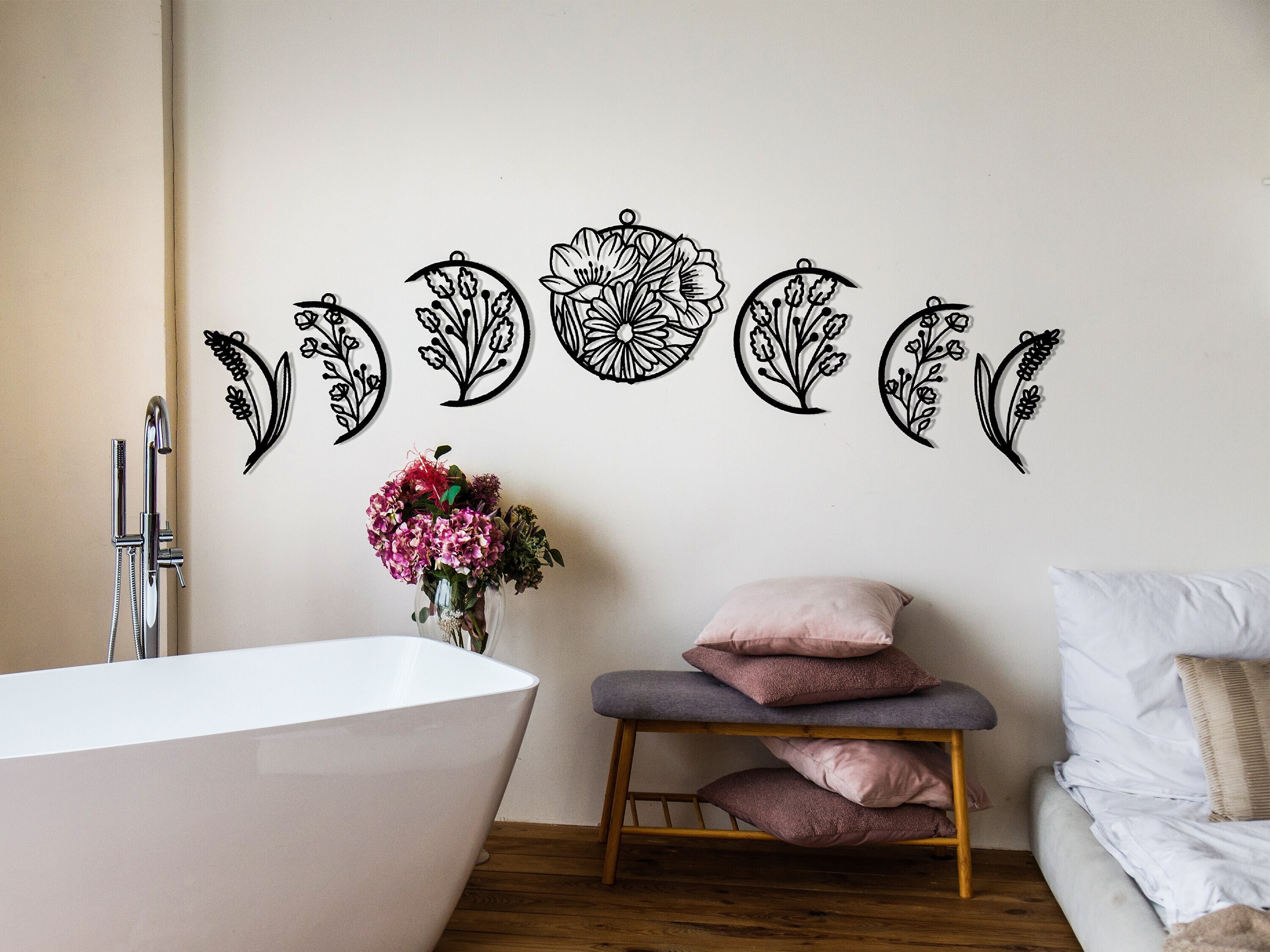 Metal Floral Moon Phase Metal Wall Art, Moon Phase Metal Wall Decor ...