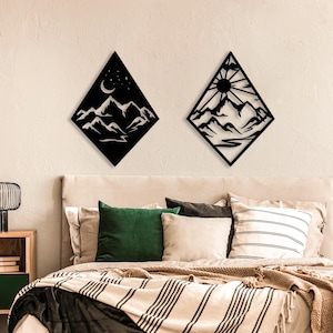 Modern Metal Celestial Wall Decor, Metal Sun and Moon Wall Art, Minimalist Night and Day Wall Decoration, Large Mountain Wall Art