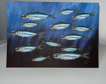 カード：流れに逆らって（イワシ）、グリーティングカード