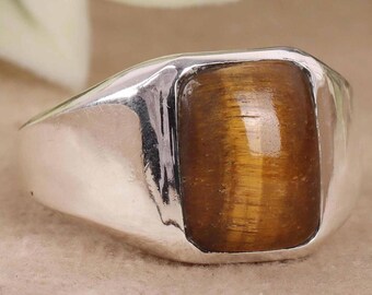 Anillo de sello de ojo de tigre en plata de ley: anillo de promesa para hombre