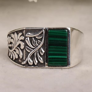 Ring natuurlijke malachiet, handgemaakte ring, malachietring heren, 925 sterlingzilveren ring, beloftering