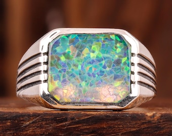Bague en argent sterling avec opale de feu multicolore : chevalière de promesse pour homme