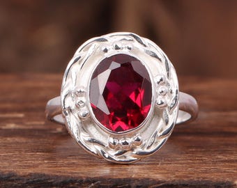 Lab Created Red Garnet Ring: Sterling Silver Statement Ring