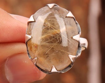 Golden Rutile Quartz Ring: Handmade Boho Birthstone Cabochon