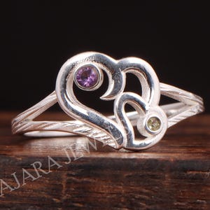 Bague coeur en améthyste et péridot : bijoux en argent sterling avec pierres précieuses